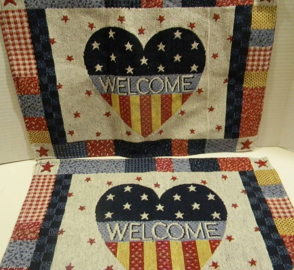 Set of 2 Tapestry Placemats 13"x19" Patriotic Stars & Stripes Heart USA NEW
